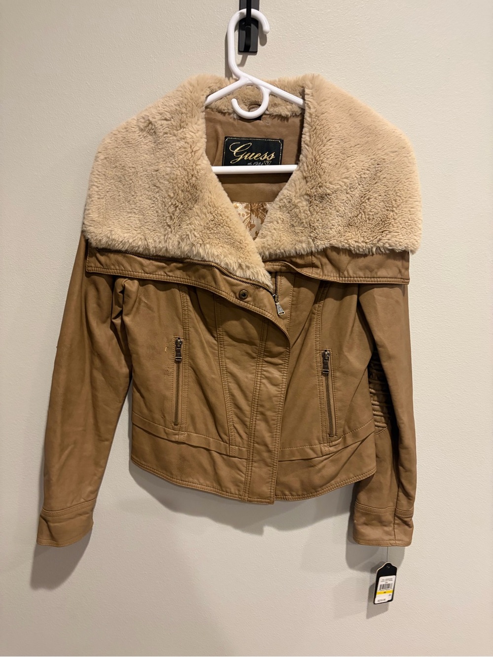 NWT Vintage Y2K Guess Tan Faux-Shearling Collar Teddy Jacket